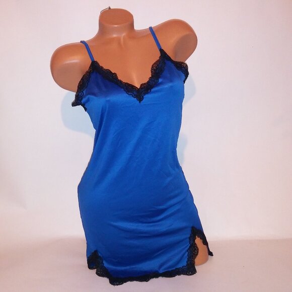 Lingerie Chemise Slip Blue Black Lace Trim Sleeveless Night Gown Sleepwear - Picture 1 of 8